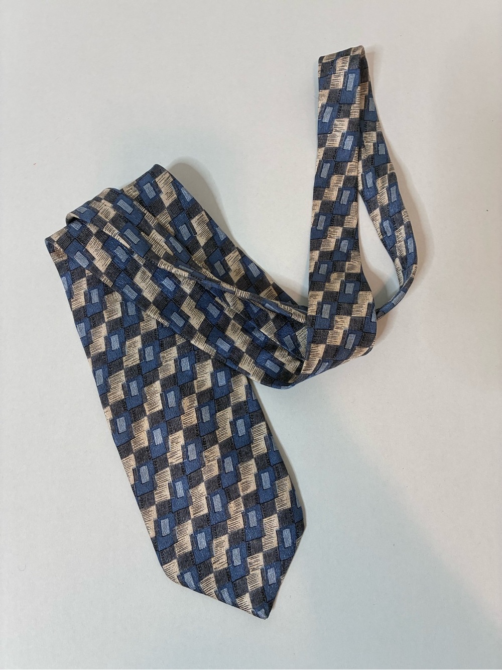 Carlo Palazzi Couture Geometric Silk Tie Blue Gray Vintage Necktie